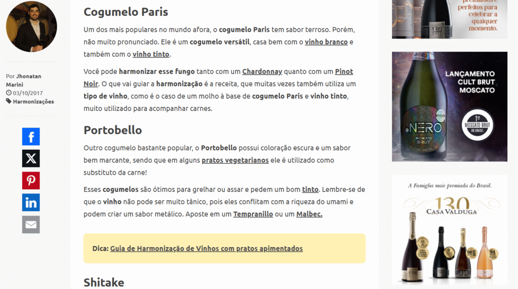 Harmoização de vinhos tintos e cogumelos no site da Casa Valduga. Por que será?