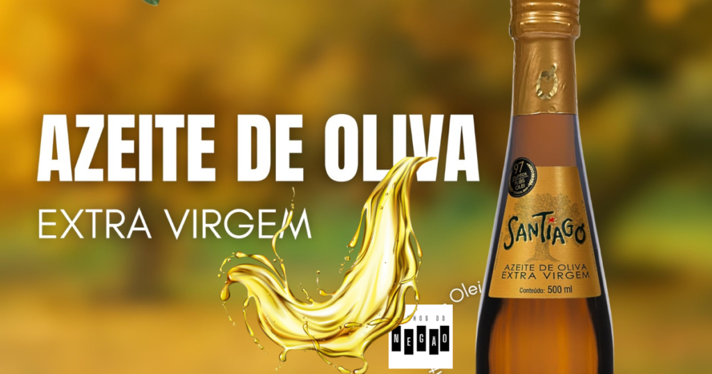 Imagem grande: 1200x630 de uma garrafa de azeite chileno da marca Santiago, com a inscrição "Azeite de oliva Extra Virgem" ao lado esquerdo da garrafa. Traços de azeite flutuam na frente. Há o logotipo do site vinhos do negão no centro da imagem. 