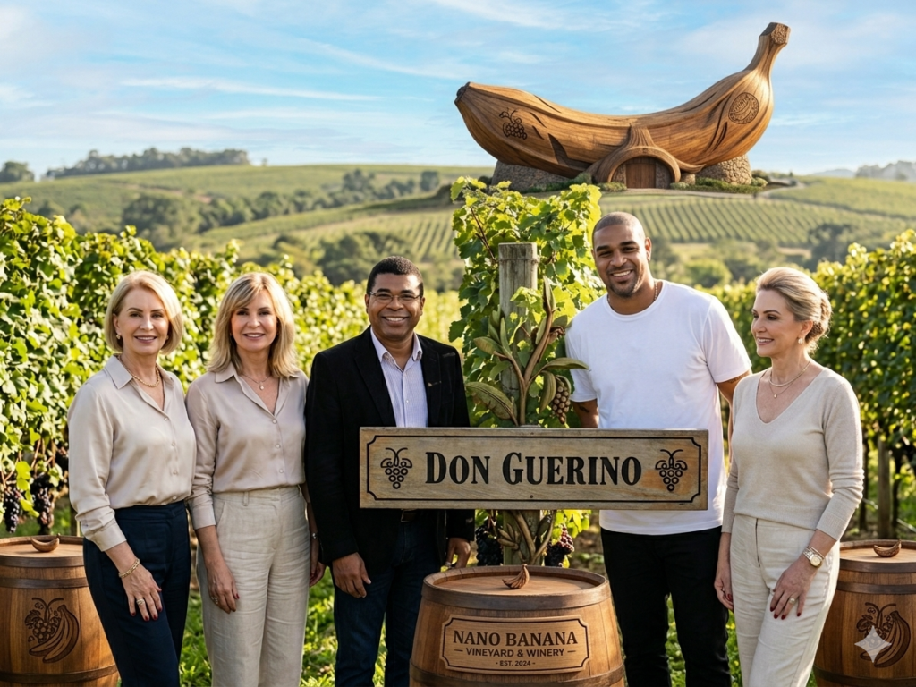 "Foto de grupo no vinhedo da Vinícola Don Guerino em Alto Feliz com placa personalizada