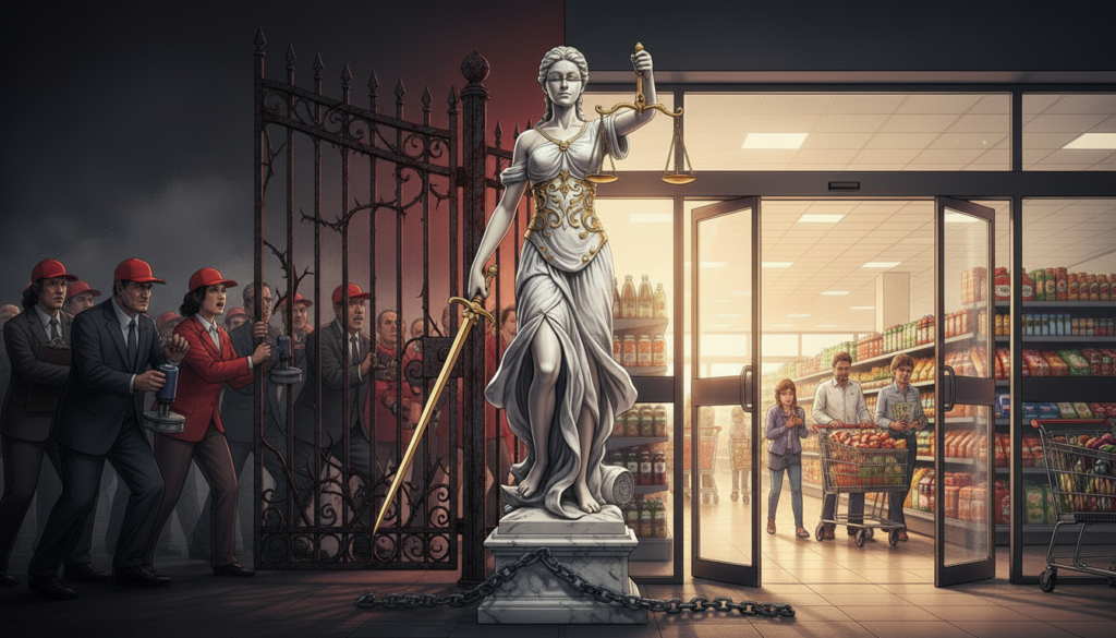Arte digital da estátua da Justiça cortando uma corrente ao centro; à esquerda, sindicalistas com camisas e bonés vermelhos em um ambiente sombrio; à direita, um supermercado moderno, ensolarado e movimentado, simbolizando o livre mercado.