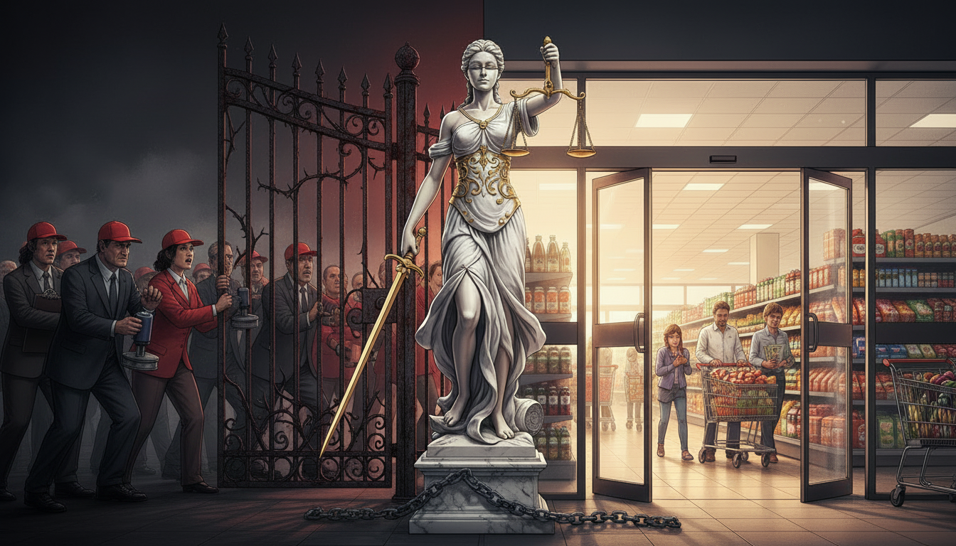 A imagem resume a nossa realidade: o punho estatal e sindical tentando trancar a economia sob o pretexto de controle, sendo freado pelo peso da Justiça para que o comércio possa respirar livremente. Criei no Nana Banana.