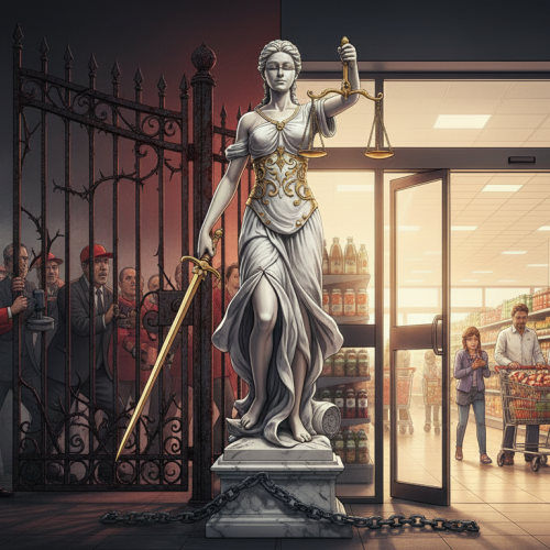 Arte digital da estátua da Justiça cortando uma corrente ao centro; à esquerda, sindicalistas com camisas e bonés vermelhos em um ambiente sombrio; à direita, um supermercado moderno, ensolarado e movimentado, simbolizando o livre mercado.